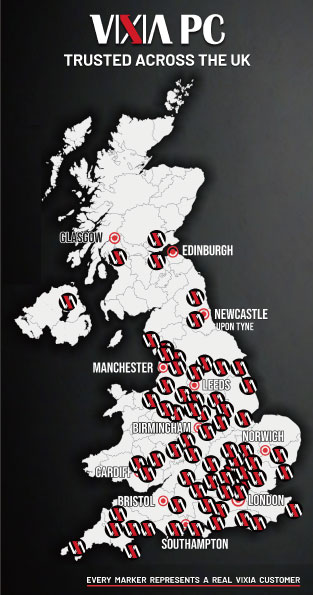 Map showing VIXIA custom watercooled PC customers across the United Kingdom including London, Birmingham, Manchester, Leeds, Newcastle, Edinburgh and Glasgow