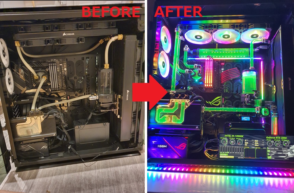 VIXIA PC transformation service showing a before and after custom hardline watercooling conversion.