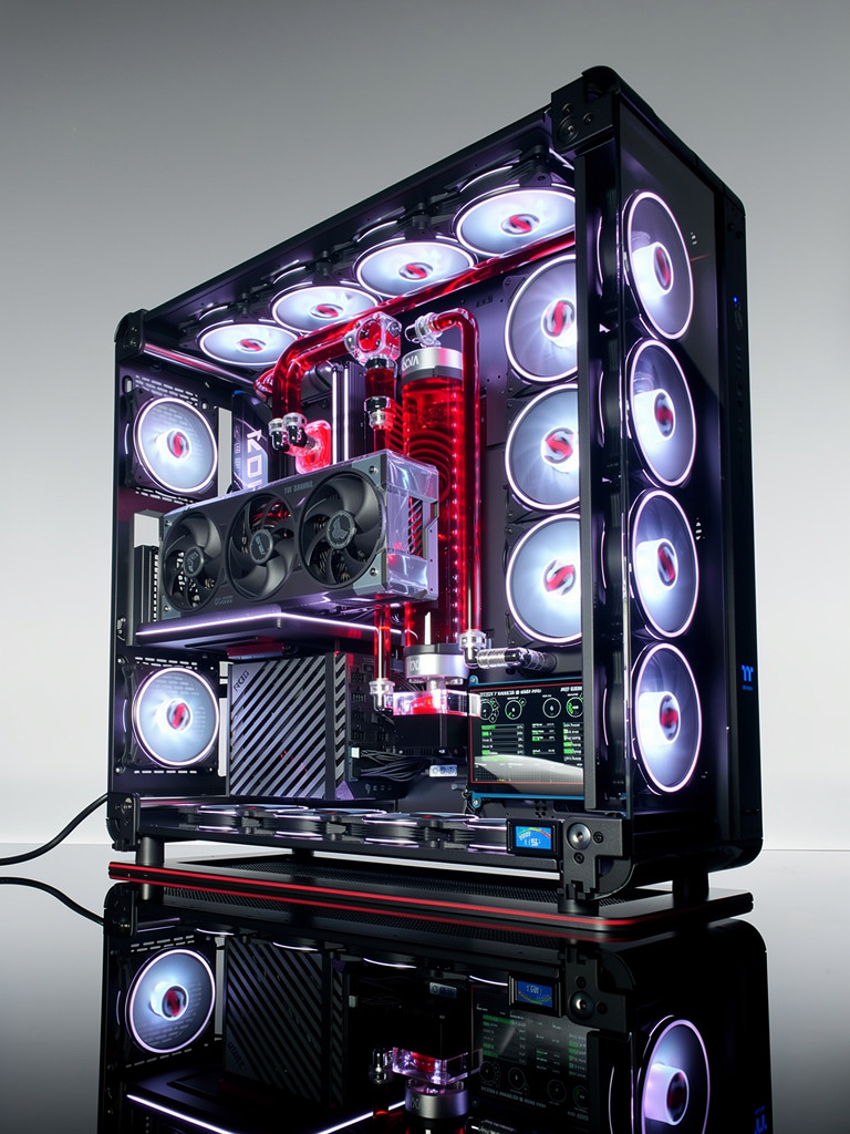 VIXIA VXS-160 black open-frame custom watercooled gaming PC with red coolant, hardline liquid cooling and Thermaltake Core P8 chassis.