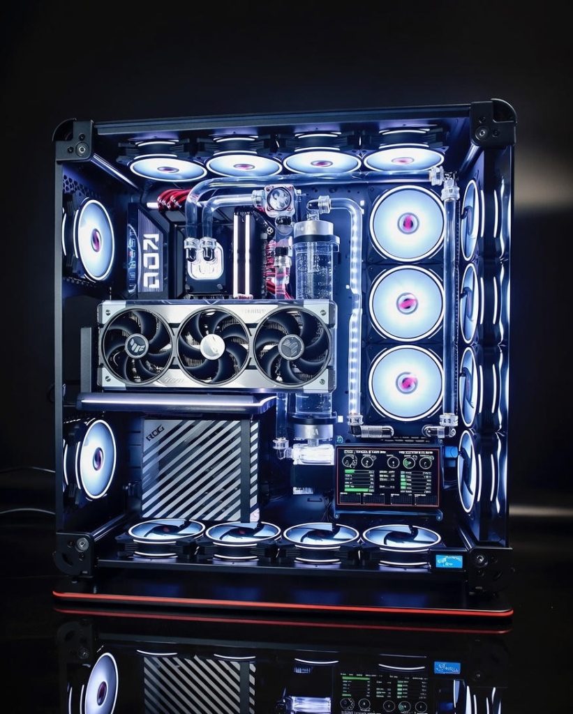 VIXIA VXS-160 black open-frame custom watercooled gaming PC with crystal-clear coolant, hardline liquid cooling and Thermaltake Core P8 chassis.