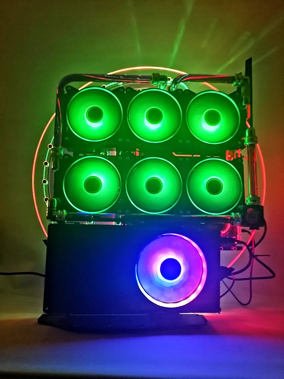 Rear view of VIXIA VXD-20 black custom watercooled PC with purple coolant and RGB fans