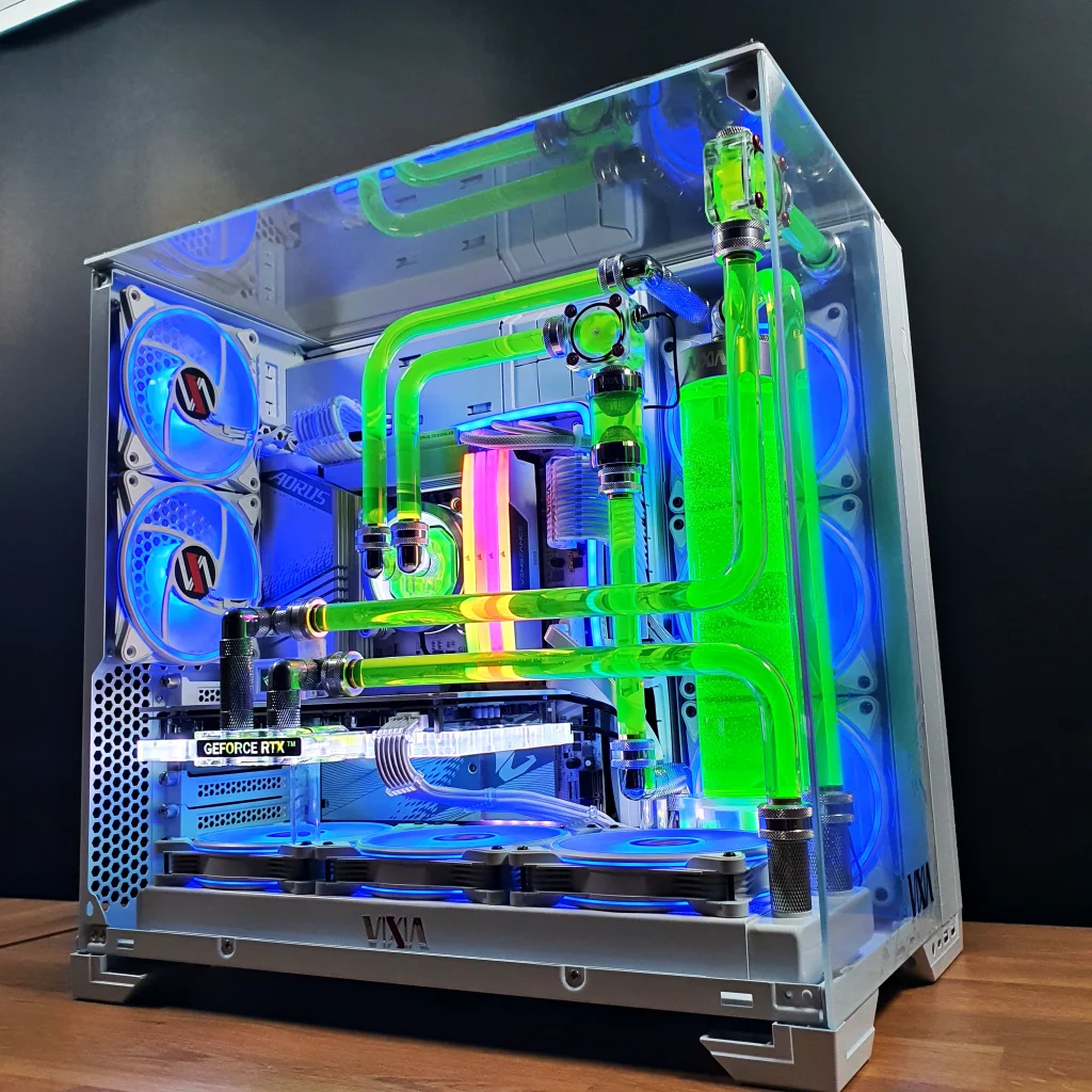 Internal hardline layout of the VIXIA VXD-30 white custom watercooled PC with green coolant