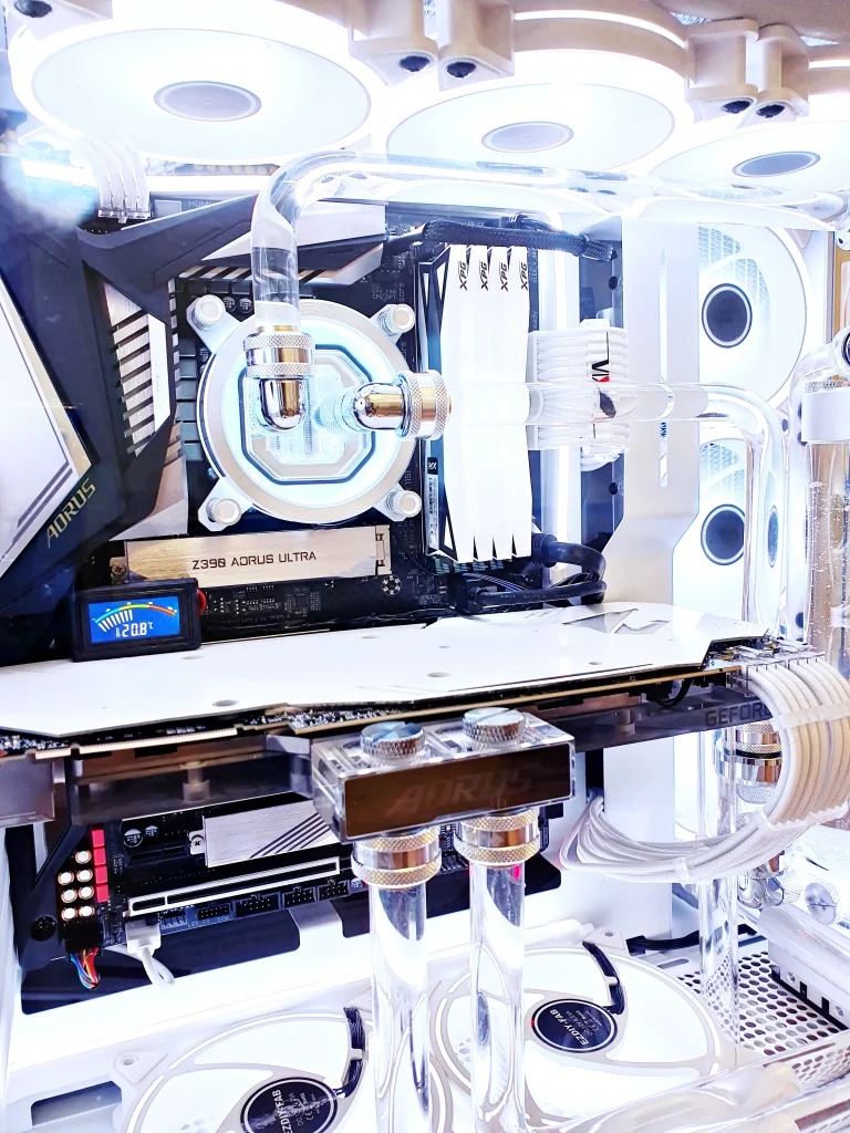 Close-up of the VIXIA VXD-70 CPU block and hardline tubing with clear coolant