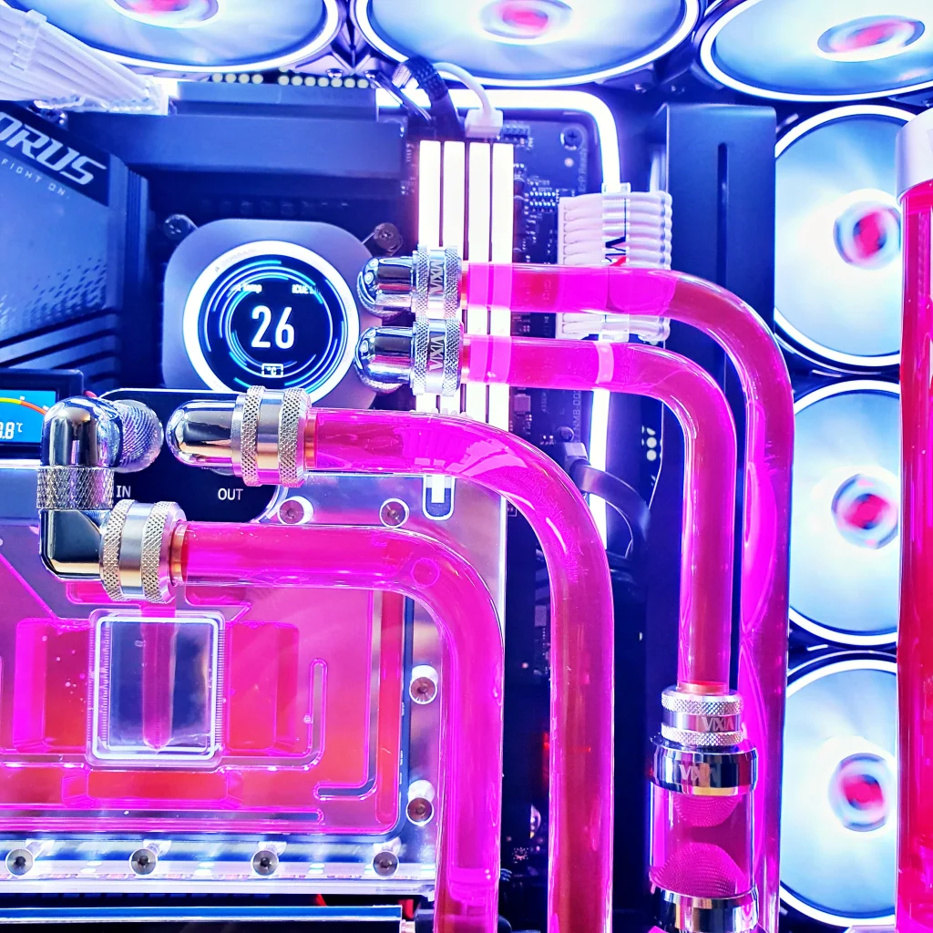 Close-up of the VIXIA VXD-80 hardline tubing with pink coolant