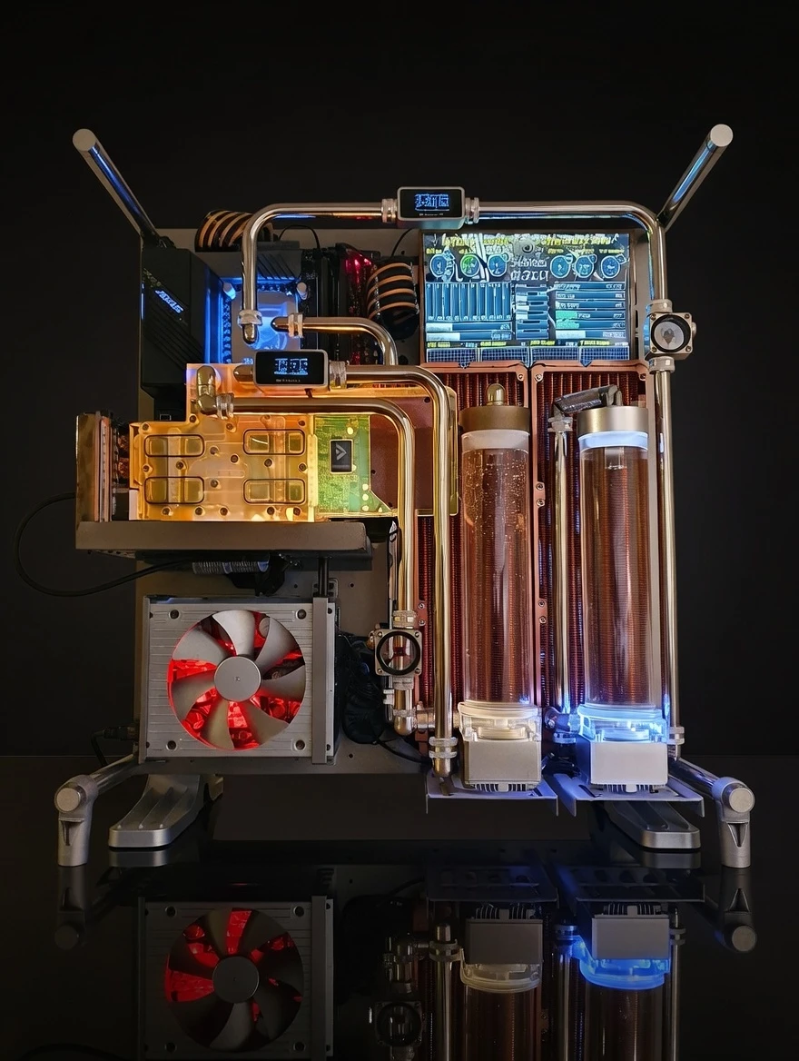 VIXIA VXF-10 custom dual-loop watercooled PC with gold and silver hardline cooling