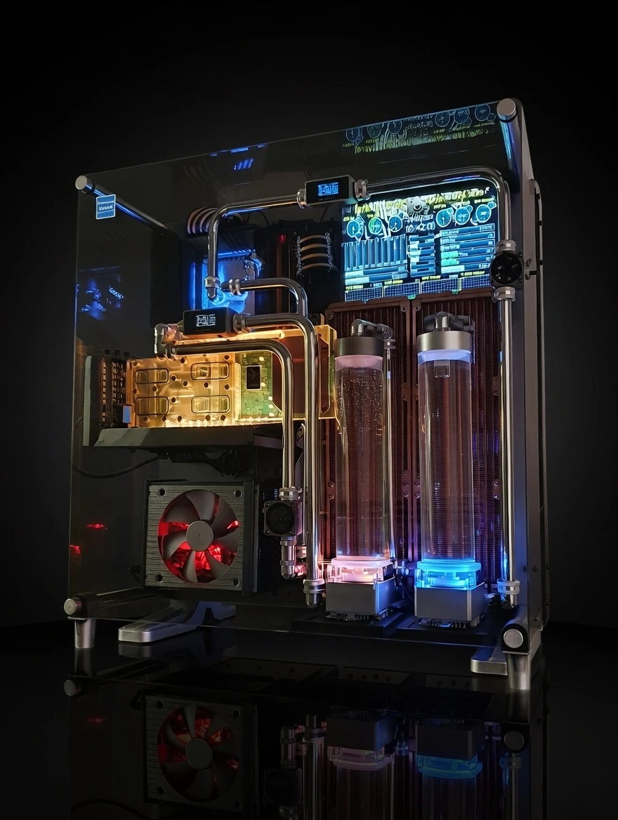 Front view of the VIXIA VXF-10 dual-loop custom watercooled PC in a gold and silver theme