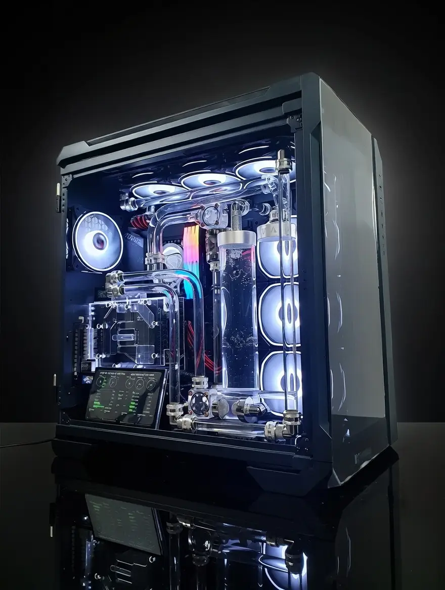 VIXIA VXF-20 dual-loop custom watercooled PC with clear coolant and black showcase chassis