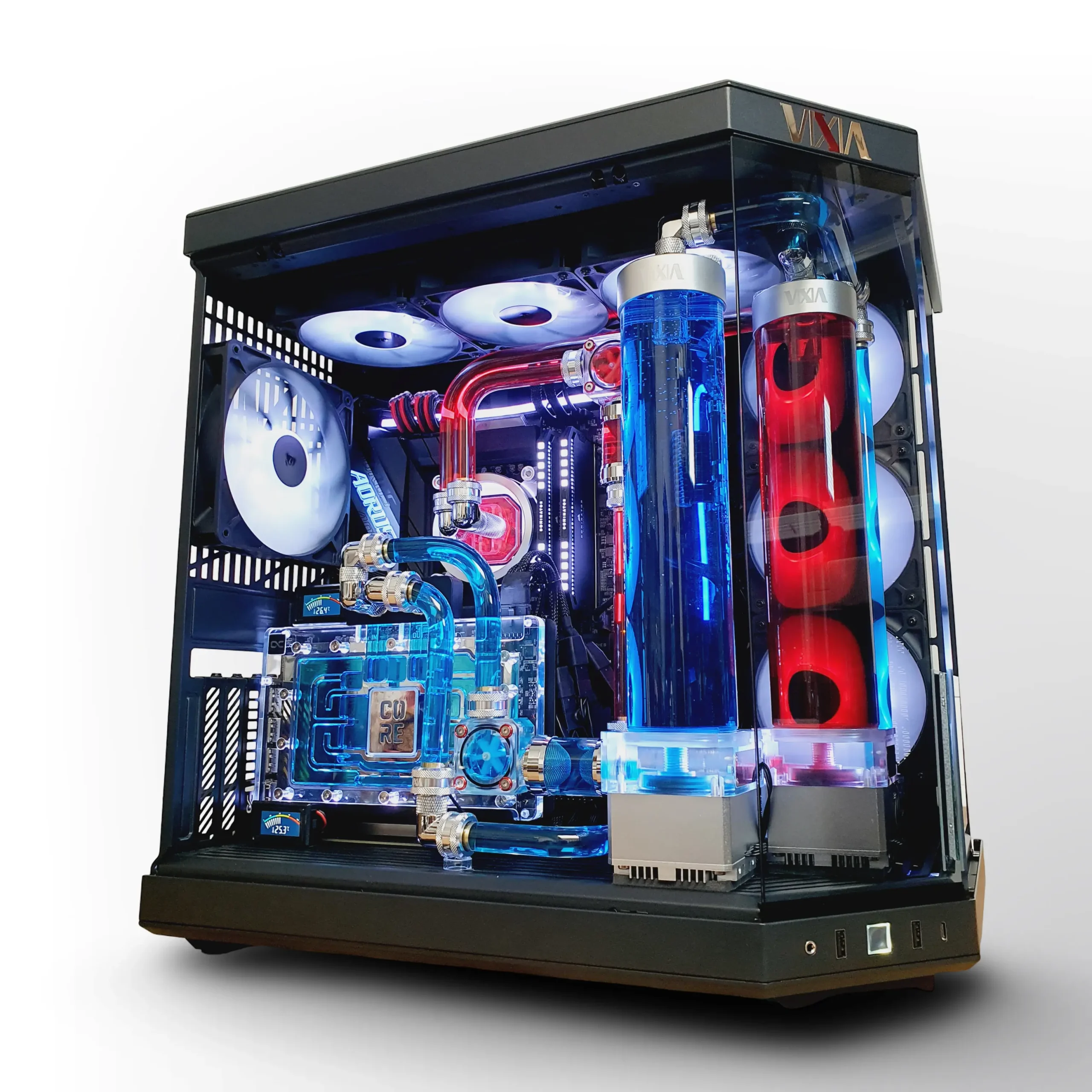 VIXIA VXF-30 dual-loop custom watercooled PC with black chassis and blue-red coolant