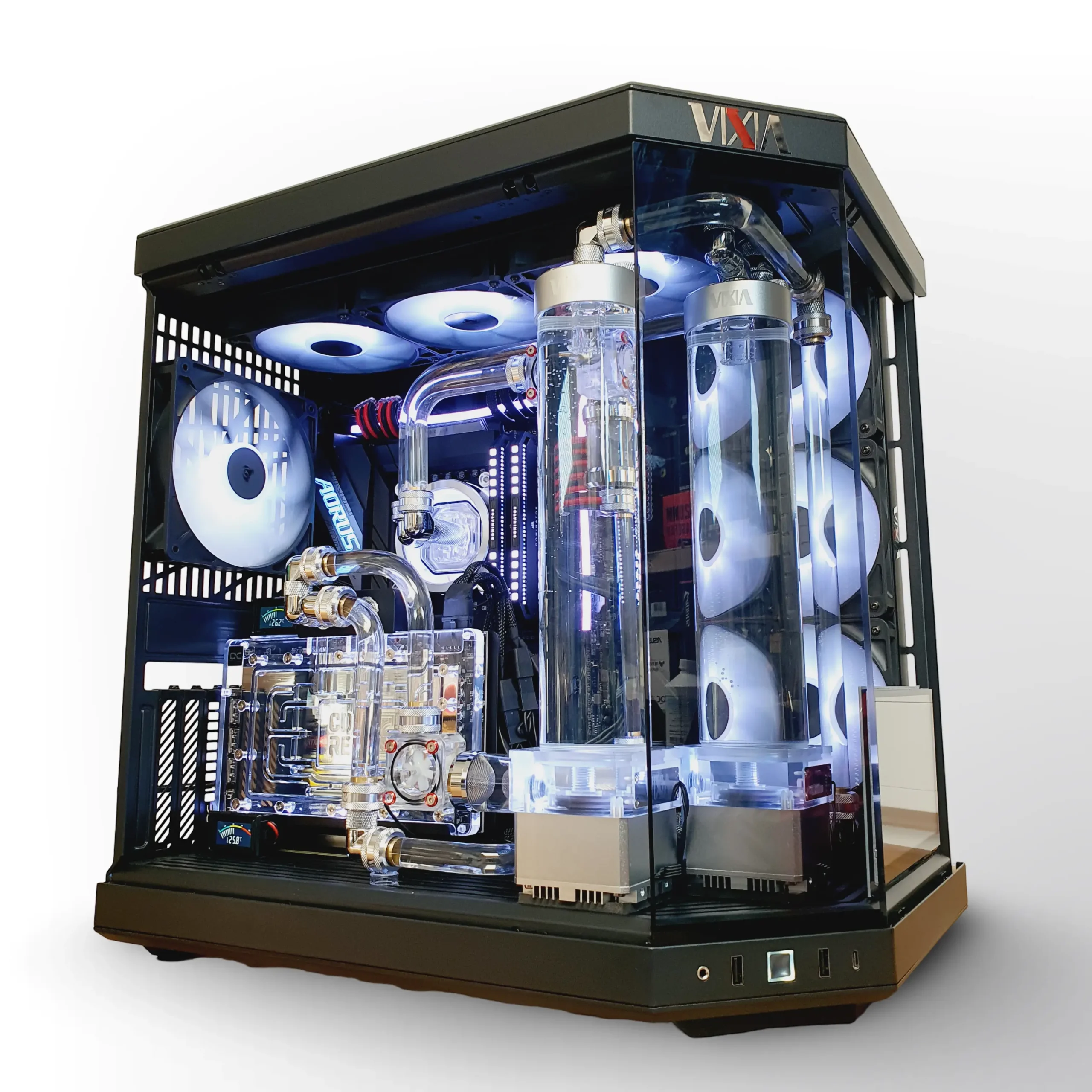 VIXIA VXF-30 dual-loop custom watercooled PC with black chassis and crystal-clear coolant