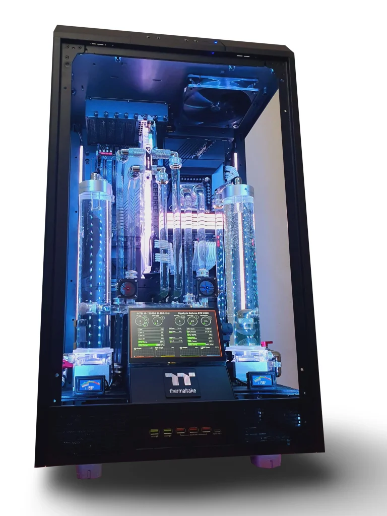 VIXIA VXF-50 dual-loop custom watercooled PC with black chassis and crystal-clear coolant