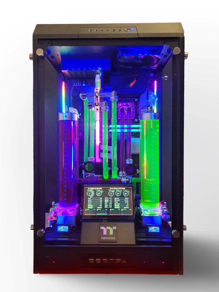 VIXIA VXF-50 dual-loop custom watercooled PC with black chassis and green-purple coolant