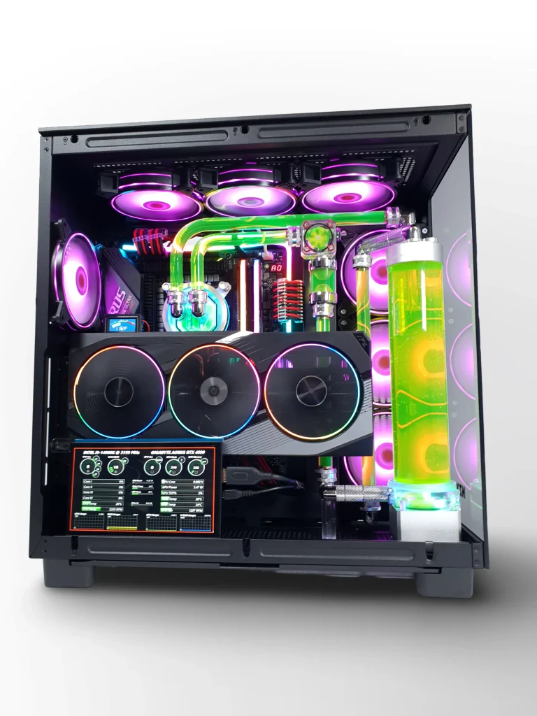VIXIA VXS-110 black custom watercooled gaming PC with neon green coolant, hardline liquid cooling and front reservoir