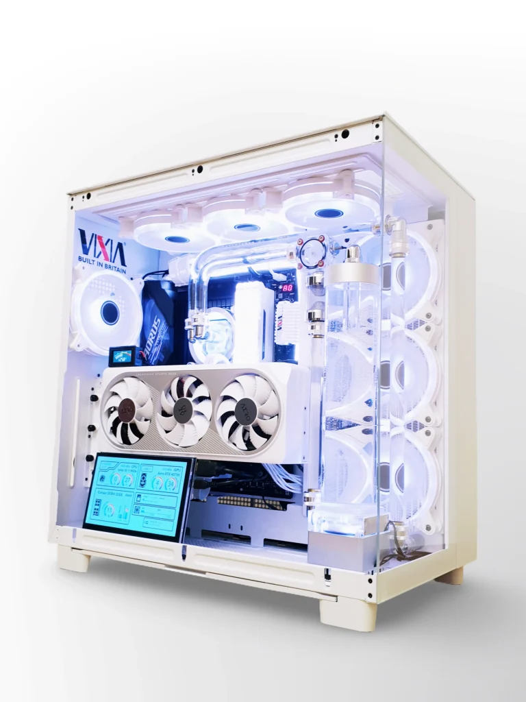 VIXIA VXS-110 white custom watercooled gaming PC with clear coolant, hardline liquid cooling and front reservoir.