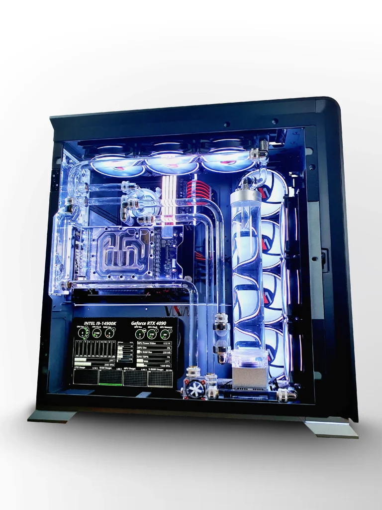 Close-up of the VIXIA VXD-120 black custom watercooled PC with clear coolant