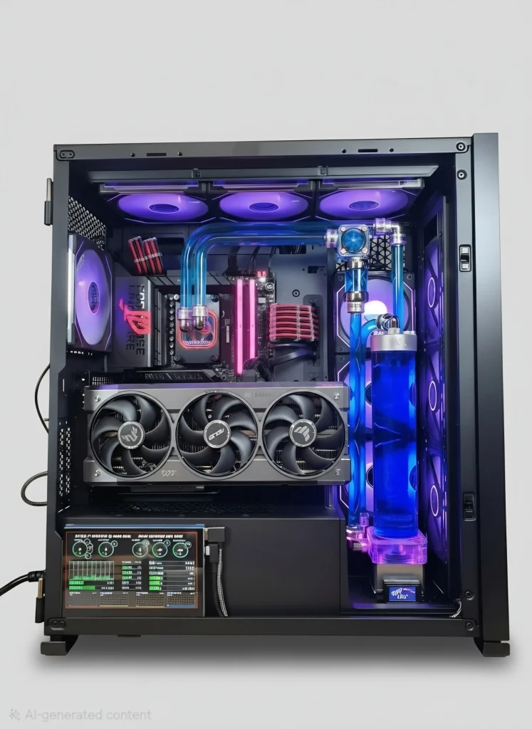 VIXIA VXS-130 black custom watercooled gaming PC in Corsair 7000D Airflow chassis with blue coolant and hardline liquid cooling.