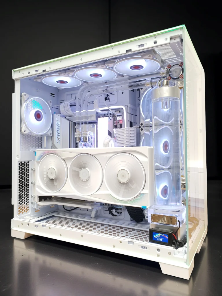 VIXIA VXS-140 white custom watercooled gaming PC with crystal-clear coolant, hardline liquid cooling and panoramic tempered glass.