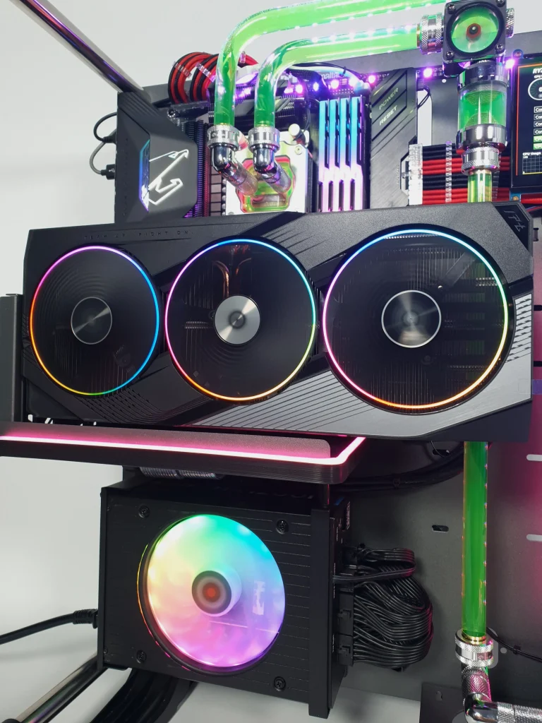 VIXIA VXS-150 black custom watercooled gaming PC with neon green coolant, open-frame chassis and hardline liquid cooling.
